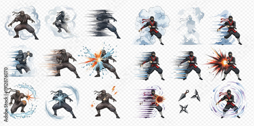 Dynamic ninja character action poses with various elemental and speed effects, isolated on transparent background for game design or graphic projects.