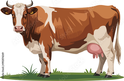 Spotted dairy cow standing on grass vector illustration