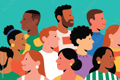 Diverse group of people standing closely together on teal background, symbolizing unity, inclusion, and community in modern stylized illustration.