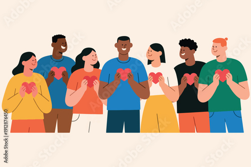 Seven diverse people holding red hearts, smiling together, symbolizing love, kindness, unity, and community support in modern stylized illustration.