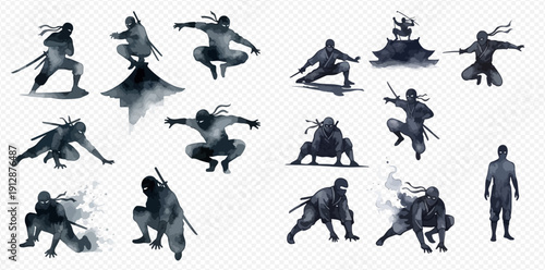 Set of watercolor ninja warriors in various action poses, traditional Japanese martial arts characters.