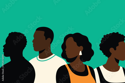 Four diverse profiles in bold minimalist style, facing different directions on teal background, symbolizing individuality, identity, and community.