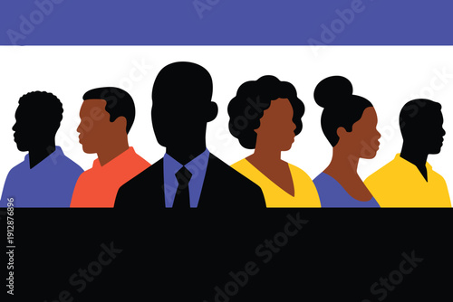 Six diverse individuals in profile and frontal views on striped background, symbolizing unity, diversity, and professionalism in modern stylized illustration.