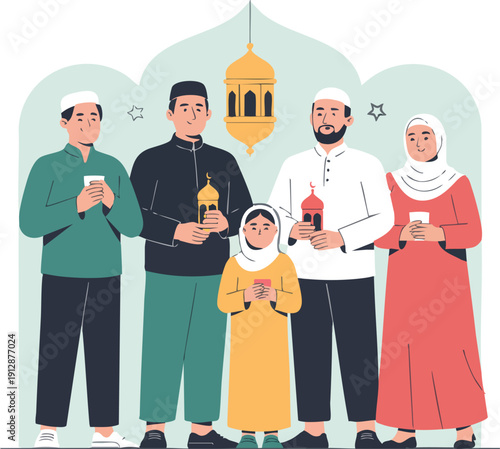 Muslim family celebrating eid al fitr with lanterns