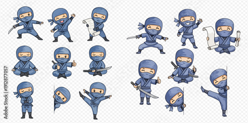 Set of cute cartoon ninja characters in various poses and actions, isolated on transparent background.