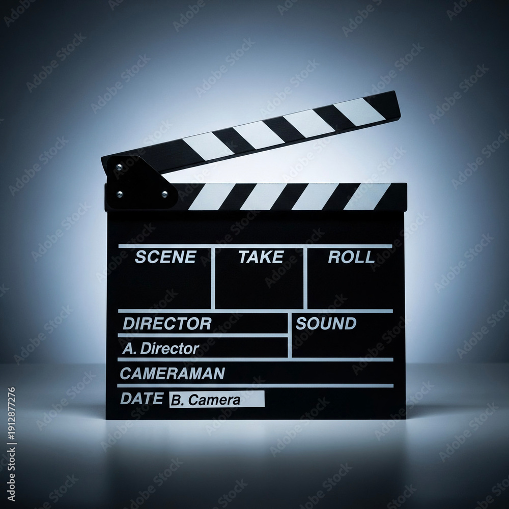 Fototapeta premium Movie clapperboard on dark background with spotlight lighting 