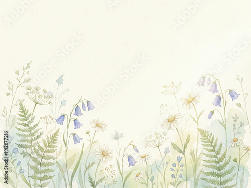 Delicate Cattagecore Background with White and Blue Wildflowers Watercolor with Ferns and Bellflowers