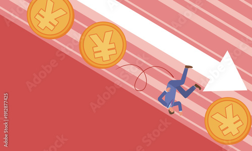 日本円と転がり落ちる男性