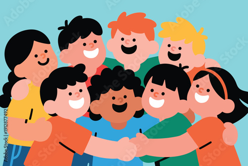 Eight cartoon children standing in a circle, smiling and embracing each other, symbolizing friendship, unity, and happiness on light blue background.