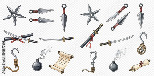 Collection of various ninja and pirate weapons, including shurikens, kunai, swords, hooks, bombs, and scrolls, on a transparent background.