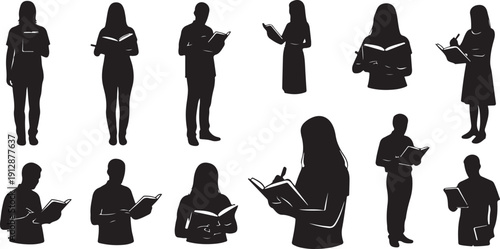 Silhouettes of people reading books in various poses and outfits
