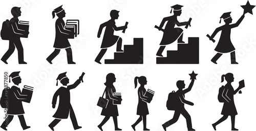 Students in various poses of education and graduation day