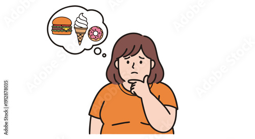 A person is shown contemplating food choices including a hamburger, ice cream, and a donut, symbolizing cravings and diet decisions