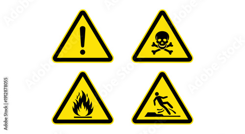 Set of four yellow warning signs exclamation mark, skull and crossbones, fire hazard, and slippery surface