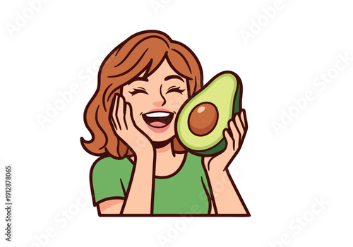 Happy woman holding a half avocado, representing healthy lifestyle and organic food enjoyment