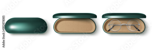 Realistic sunglasses case set showing closed, open with lining, and open with glasses inside.