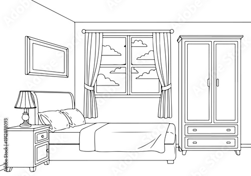 A simple line drawing of a bedroom interior with a bed, nightstand, lamp, wardrobe, and a window displaying a cloudy sky