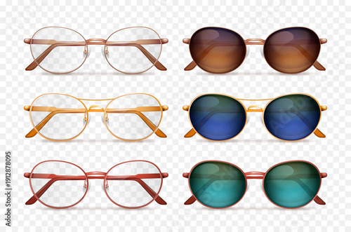 Set of various eyeglasses and sunglasses frames collection, different styles isolated on transparent background.