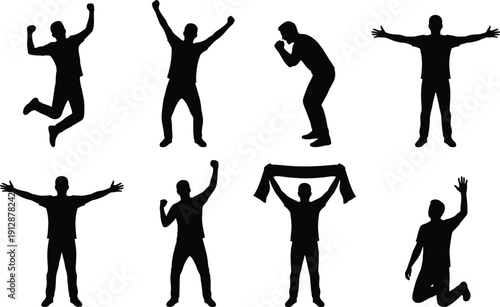 Collection of cheering male silhouette poses including jumping celebrating waving and holding scarf, black human figure set isolated on white background for sports fans concept