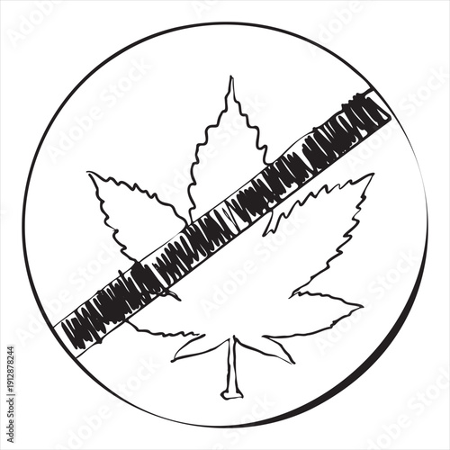 No Cannabis Symbol Line Art Illustration Prohibition Sign Hand Drawn Outline