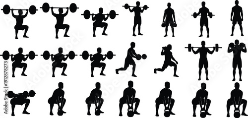 Collection of fitness exercise silhouettes showing strength training workouts with barbells dumbbells and kettlebells isolated on white background gym routine illustration set concept