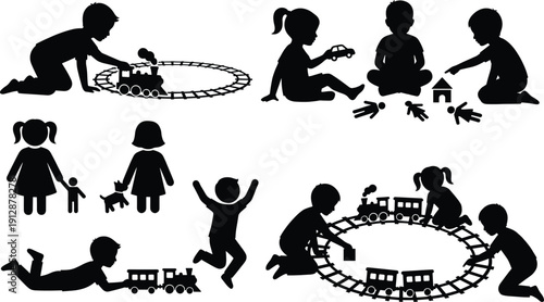 Black vector silhouette set of young children and toddlers playing with toy steam trains on tracks dolls and cars for childhood education and preschool,