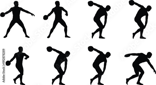 Collection of male athlete silhouette poses showing discus throw action sequence, dynamic sports movement figures isolated on white background for track and field training concept