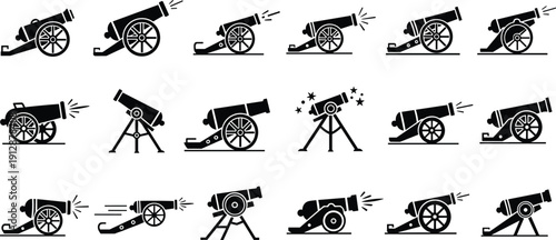 Historical cannon silhouettes collection showing different artillery positions and firing actions isolated on white background, medieval warfare weapons, military history illustration set