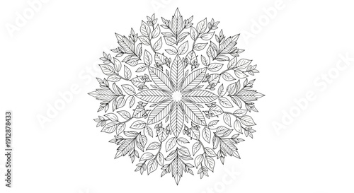Botanical symmetry: An intricate leaf mandala design in black and white for creative projects
