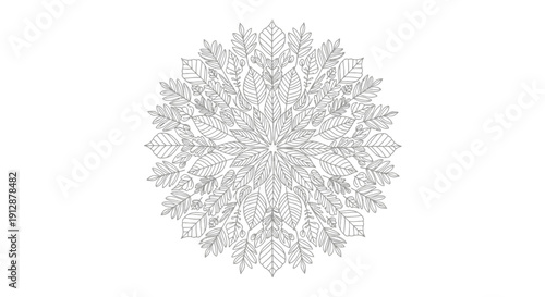 Elegant botanical mandala design featuring intricate leaf patterns in soft gray hues  perfect for