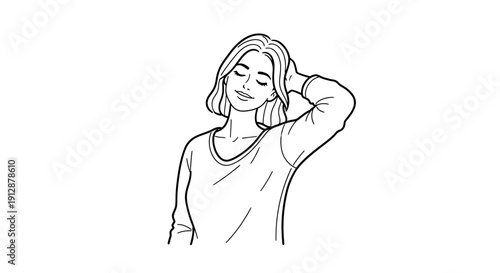 Elegant woman with eyes closed enjoying a moment of peace in simple line drawing style