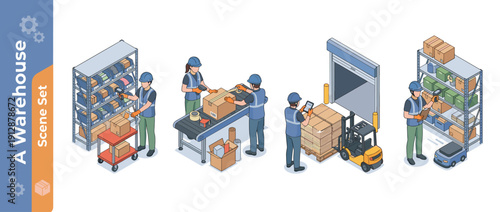 Set of 4 Isometric Vector Illustrations of Warehouse Logistics Operations Featuring Workers Using Handheld Scanners for Picking Packing and Inventory Management with Forklifts and Conveyors.
