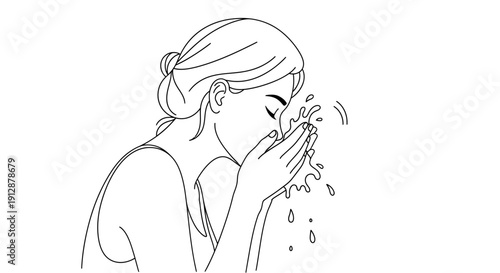 Minimalist line art depicting a woman washing her face for skincare routine or hygiene