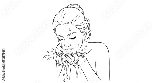 Woman's Skincare Routine: Illustration of a Girl Washing Her Face with Water