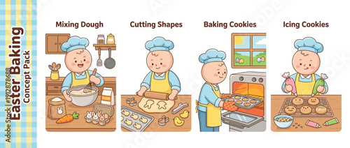 Cute cartoon chef character in a step-by-step Easter cookie baking process including mixing dough, cutting bunny shapes, baking in the oven, and decorating with colorful icing and sprinkles.