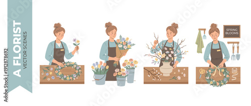 Set of four vector illustrations of a female florist creating spring flower arrangements, including handmade floral wreaths, pastel bouquets, and vase displays in a professional flower shop.