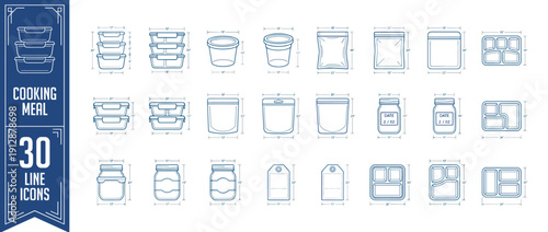 30 Technical Line Icons of Cooking Meal Prep Containers, Food Storage Jars, Reusable Bags, Bento Boxes, and Labels with Dimensions for Kitchen Organization, Planning, and Healthy Lifestyle Design.