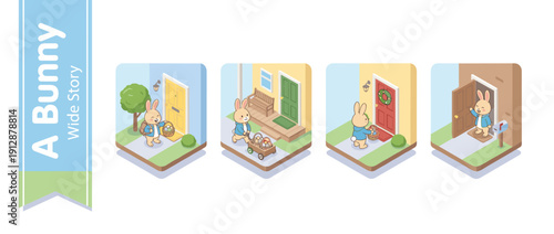 Set of 4 Isometric Vector Illustrations Featuring a Cute Bunny Character Delivering Colorful Easter Egg Baskets to Neighborhood Front Doors, Spring Holiday Celebration and Gift Delivery Scenes.