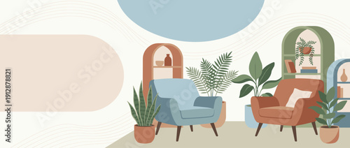 Panoramic vector banner illustration of a cozy therapy office or living room with comfortable armchairs, lush green houseplants, and abstract shapes, perfect for mental health and wellness.