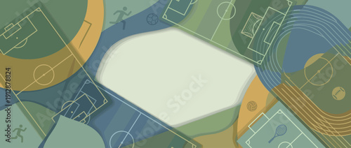 Abstract Sports Tournament Banner Background with Soccer Field Lines, Running Track, Tennis Court, and Athletic Icons in a Layered Paper Cut Style for Competition, Games, and Event Promotion.