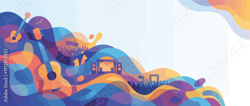 Vibrant Music Festival Panoramic Vector Banner Featuring Abstract Colorful Sound Waves, Acoustic Guitars, Concert Stage, and Cheering Crowd Silhouettes. Artistic Background with Copy Space.