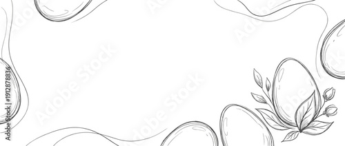 Panoramic Vector Banner Illustration of a Clean White Background with Elegant Easter Egg Line Drawings, Minimalist Floral Sketch Border for Spring Holiday Greeting Cards and Website Headers
