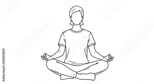 Line art illustration of a woman meditating in lotus position for wellness concept