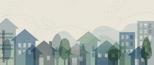 Panoramic Vector Banner Illustration of a Real Estate Neighborhood with House Outlines, Trees, and Buildings in a Minimalist Flat Design Style with Muted Blue and Green Overlapping Shapes.
