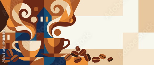 Abstract geometric coffee shop banner illustration with steaming cups of espresso and roasted beans in a cubist style with copy space for cafe branding, menu, or advertising background.