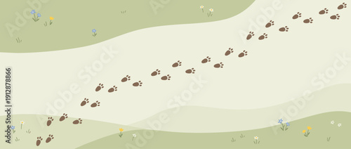 Panoramic Vector Banner Illustration of a Cute Bunny Footprint Trail Across a Meadow with Small Flowers, Minimalist Flat Design with Soft Pastel Colors, Rabbit Paw Prints on a Winding Path.