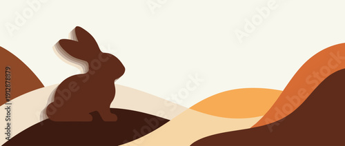 Panoramic Vector Banner Illustration of a Chocolate Bunny Silhouette with Soft Gradient Shadows and Minimalist Paper-Cut Style Background in Earthy Brown Tones for Easter Holiday Celebrations