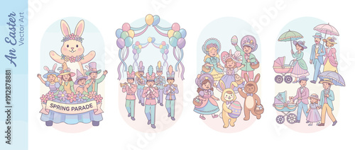 Set of 4 Easter Parade Vector Illustrations Featuring a Spring Parade Float with a Giant Bunny, a Marching Band with Balloons, Children in Costumes with Eggs, and Families in Elegant Pastel Attire.