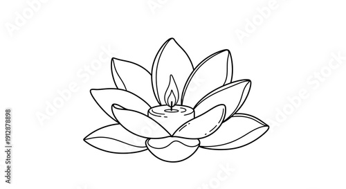 Elegant hand-drawn lotus flower with a candle, ideal for coloring books and graphic design elements