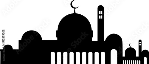 black silhouette of a Mosque skyline. the distinct architectural elements of Islamic design, including large domes, slender minarets, and a crescent moon.